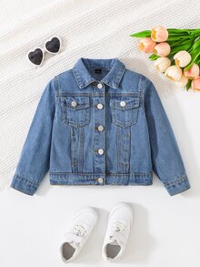 SHEIN Young Girls Denim Jackets Coats New Fall Collection Fashion Cowboy Casual Preppy Style Versatile Minimalist For Daily Wear Baby Blue Classic Vintage - Medium Wash - View 4