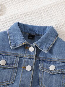 SHEIN Young Girls Denim Jackets Coats New Fall Collection Fashion Cowboy Casual Preppy Style Versatile Minimalist For Daily Wear Baby Blue Classic Vintage - Medium Wash - View 7