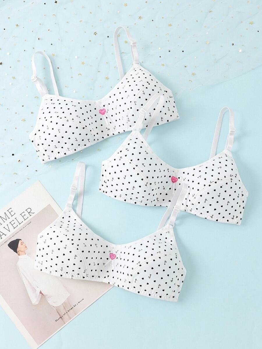 Genkimix Kids Teen Girls Bras Bralettes, Cute Heart Print Youth Training Bra Set Removable Pads, Adjustable Straps Wireless Soft Support Summer White Y2k