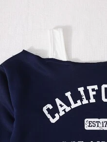 SHEIN Tween Girl Autumn Clothes Letter Print 2 In 1 Asymmetrical Shoulder Cropped Casual Graphic Sweatshirt, Long Sleeve School Navy Blue - Navy Blue - View 10