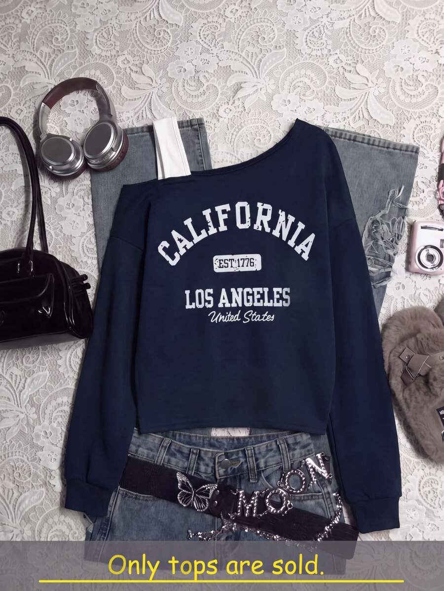 SHEIN Tween Girl Autumn Clothes Letter Print 2 In 1 Asymmetrical Shoulder Cropped Casual Graphic Sweatshirt, Long Sleeve School Navy Blue