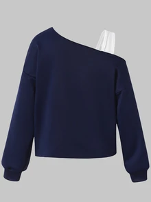 SHEIN Tween Girl Autumn Clothes Letter Print 2 In 1 Asymmetrical Shoulder Cropped Casual Graphic Sweatshirt, Long Sleeve School Navy Blue - Navy Blue - View 3