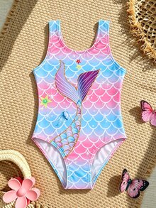 SHEIN Young Girl Mermaid Scale Pattern Tail Print One-Piece Swimsuit, Suitable For Swimming And Summer Vacation Beach Swim Pink Mermaid - Multicolor - View 2