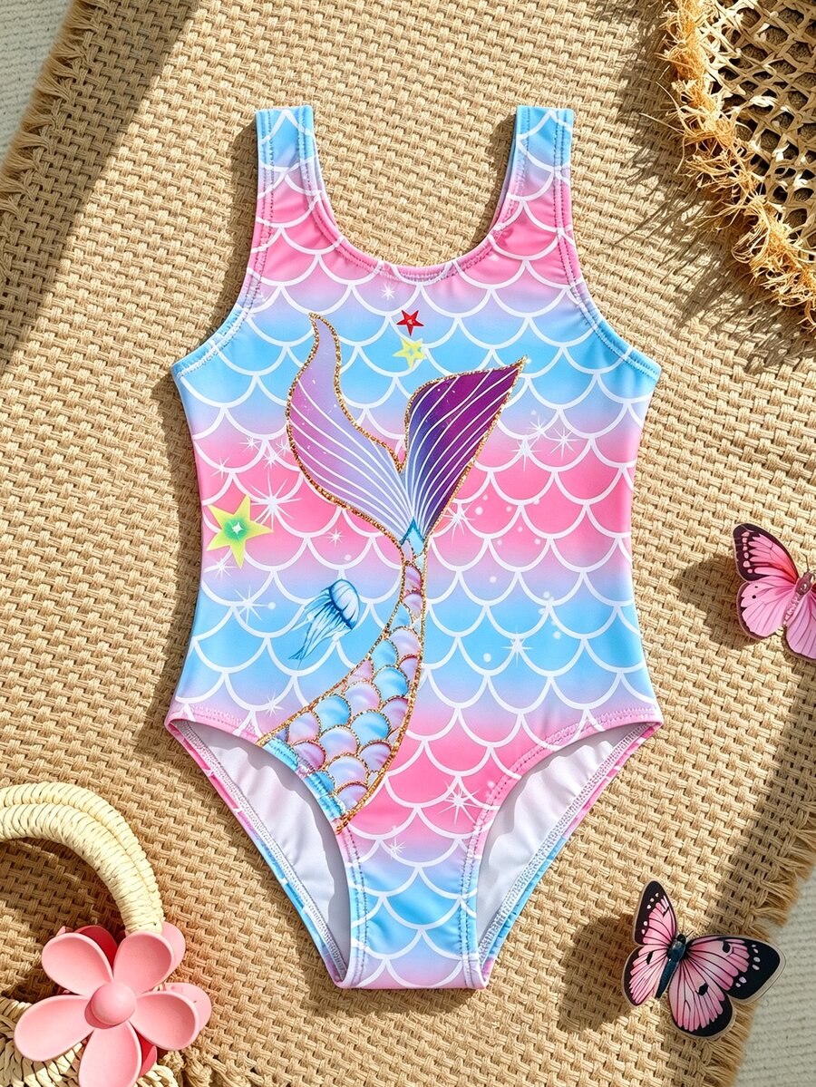 SHEIN Young Girl Mermaid Scale Pattern Tail Print One-Piece Swimsuit, Suitable For Swimming And Summer Vacation Beach Swim Pink Mermaid