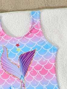 SHEIN Young Girl Mermaid Scale Pattern Tail Print One-Piece Swimsuit, Suitable For Swimming And Summer Vacation Beach Swim Pink Mermaid - Multicolor - View 6