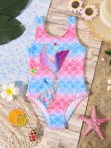 SHEIN Young Girl Mermaid Scale Pattern Tail Print One-Piece Swimsuit, Suitable For Swimming And Summer Vacation Beach Swim Pink Mermaid - Multicolor - View 4