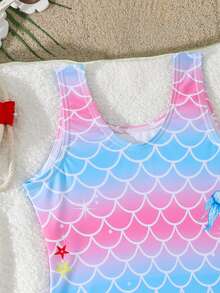 SHEIN Young Girl Mermaid Scale Pattern Tail Print One-Piece Swimsuit, Suitable For Swimming And Summer Vacation Beach Swim Pink Mermaid - Multicolor - View 7