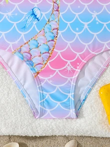 SHEIN Young Girl Mermaid Scale Pattern Tail Print One-Piece Swimsuit, Suitable For Swimming And Summer Vacation Beach Swim Pink Mermaid - Multicolor - View 8