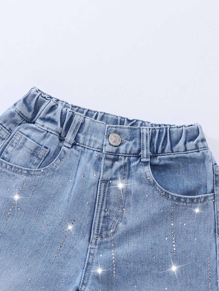 SHEIN Girls' Rhinestone Wide Leg Denim Jeans, Light Blue, Loose Wide Leg Fit, Summer Back To School Travel Cowgirl - Blue - View 6