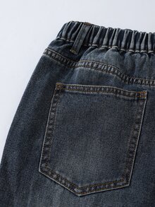 SHEIN 青少年男孩磨損風優雅寬鬆工裝牛仔褲，全印花牛仔褲，校園風夏季灰色 - 藍色 - 查看 10