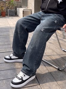 SHEIN 青少年男孩磨損風優雅寬鬆工裝牛仔褲，全印花牛仔褲，校園風夏季灰色 - 藍色 - 查看 4
