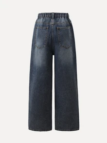 SHEIN 青少年男孩磨損風優雅寬鬆工裝牛仔褲，全印花牛仔褲，校園風夏季灰色 - 藍色 - 查看 3
