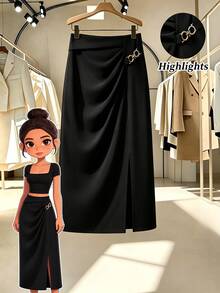 GlowEve CURVE Plus Size Women's Spring/Autumn Fashion Elegant Commute & Date Waist-Cinching Side Ruched Front Slit A-Line Skirt With Double Ring Metal Buckle, Suitable For Daily Wear, Dating And Light Business Occasions - Black - View 1