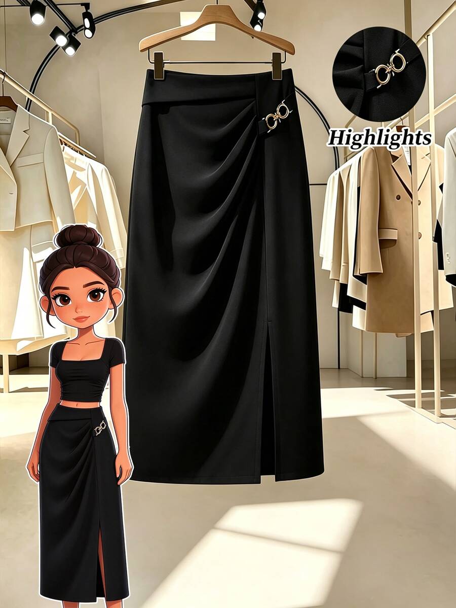 GlowEve CURVE Plus Size Women's Spring/Autumn Fashion Elegant Commute & Date Waist-Cinching Side Ruched Front Slit A-Line Skirt With Double Ring Metal Buckle, Suitable For Daily Wear, Dating And Light Business Occasions - Black - View 1