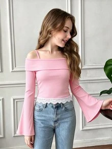 SHEIN Elladie kids 女童優雅甜美風經典黑色露肩喇叭袖T恤，可調節肩帶露肩上衣，對比蕾絲下擺上衣 - 粉色 - 查看 5