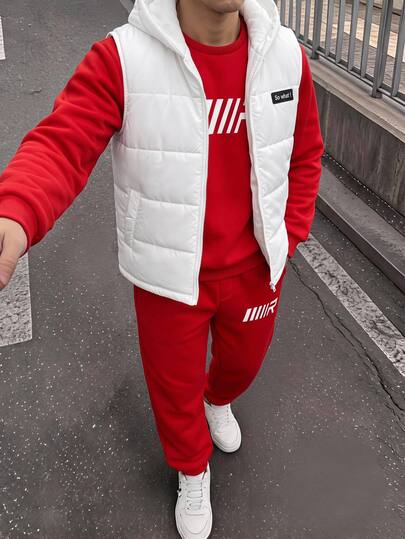 SHEIN Conjunto de 3 piezas Compra 2 Lleva 1 Gratis Sudadera y Pantalón de Chándal Casual Rojo para Niño preadolescente con Abrigo Parka Acolchado para Invierno, Adecuado para Otoño/Invierno, Escuela, Atuendo de Invierno