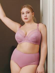LUVLETTE Plus Soft Woman Lingerie Lounge Curve Sheer Full Coverage Underwire Sexy Unlined Minimizer Lace Elegance&Mesh Bra Bridal Intimates Romantic Purple Bra - Coral Pink - View 6