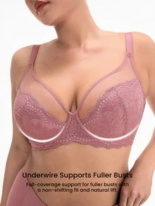 LUVLETTE Plus Soft Woman Lingerie Lounge Curve Sheer Full Coverage Underwire Sexy Unlined Minimizer Lace Elegance&Mesh Bra Bridal Intimates Romantic Purple Bra - Coral Pink - View 3