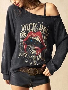 Bohemela Women's Autumn Casual Red Lip Print Asymmetric Collar Sweatshirt - Black - View 4