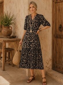 EMERY ROSE Women's Leopard Print Pleated Casual Party Long Dress - Multicolor - View 1