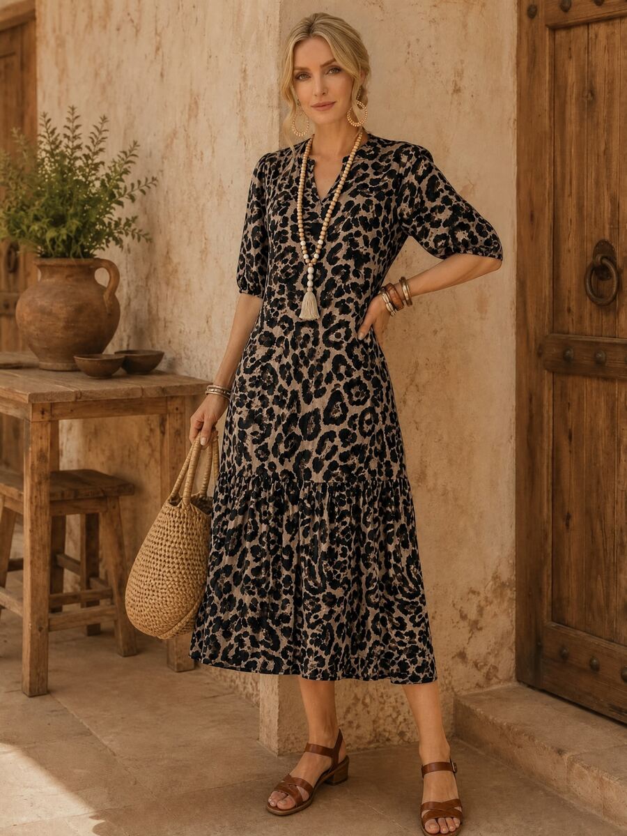 EMERY ROSE Women's Leopard Print Pleated Casual Party Long Dress - Multicolor - View 1