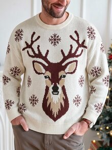 Manfinity Homme Men's Deer Pattern Snowflake Crew Neck Long Sleeve Casual Sweater - White - View 1