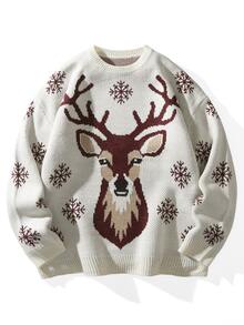 Manfinity Homme Men's Deer Pattern Snowflake Crew Neck Long Sleeve Casual Sweater - White - View 2