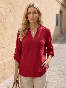 EMERY ROSE Women's V-Neck Plain Textured Fabric Casual Summer Shirt White V Neck Blouse Women Blouses For Linen Tops FALL Clothes Business Woman Button Up - Burgundy - View 3