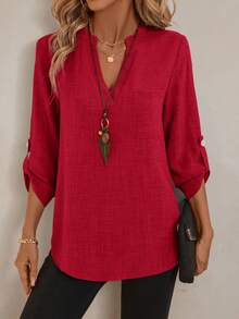 EMERY ROSE Women's V-Neck Plain Textured Fabric Casual Summer Shirt White V Neck Blouse Women Blouses For Linen Tops FALL Clothes Business Woman Button Up - Burgundy - View 6