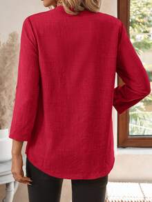 EMERY ROSE Women's V-Neck Plain Textured Fabric Casual Summer Shirt White V Neck Blouse Women Blouses For Linen Tops FALL Clothes Business Woman Button Up - Burgundy - View 2