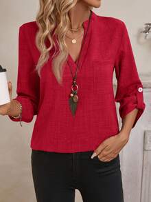 EMERY ROSE Women's V-Neck Plain Textured Fabric Casual Summer Shirt White V Neck Blouse Women Blouses For Linen Tops FALL Clothes Business Woman Button Up - Burgundy - View 5