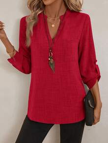 EMERY ROSE Women's V-Neck Plain Textured Fabric Casual Summer Shirt White V Neck Blouse Women Blouses For Linen Tops FALL Clothes Business Woman Button Up - Burgundy - View 1