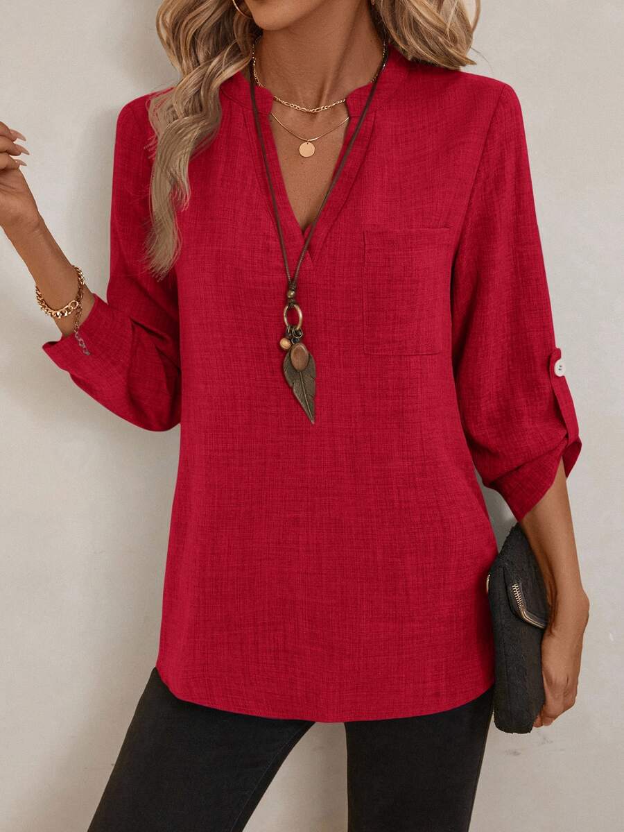 EMERY ROSE Women's V-Neck Plain Textured Fabric Casual Summer Shirt White V Neck Blouse Women Blouses For Linen Tops FALL Clothes Business Woman Button Up - Burgundy - View 1