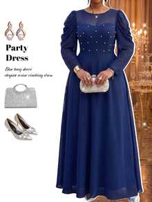 Fleurora Plus Size Women's Elegant Solid Color Round Neck Fitted Long Sleeve Dress - Navy Blue - View 1