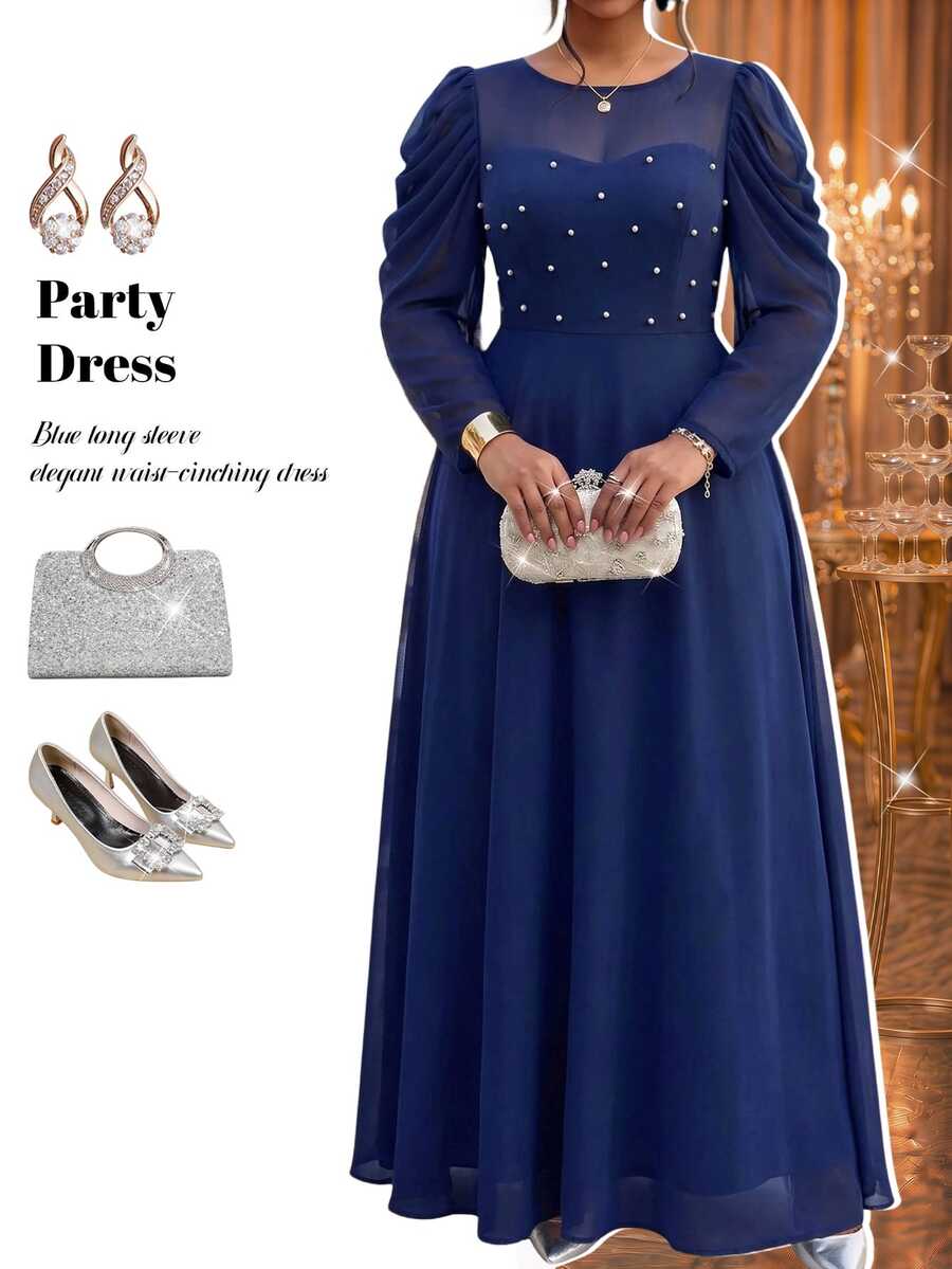 Fleurora Plus Size Women's Elegant Solid Color Round Neck Fitted Long Sleeve Dress - Navy Blue - View 1