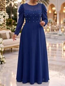 Fleurora Plus Size Women's Elegant Solid Color Round Neck Fitted Long Sleeve Dress - Navy Blue - View 4