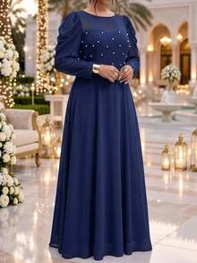 Fleurora Plus Size Women's Elegant Solid Color Round Neck Fitted Long Sleeve Dress - Navy Blue - View 3