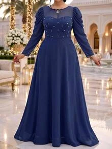 Fleurora Plus Size Women's Elegant Solid Color Round Neck Fitted Long Sleeve Dress - Navy Blue - View 5