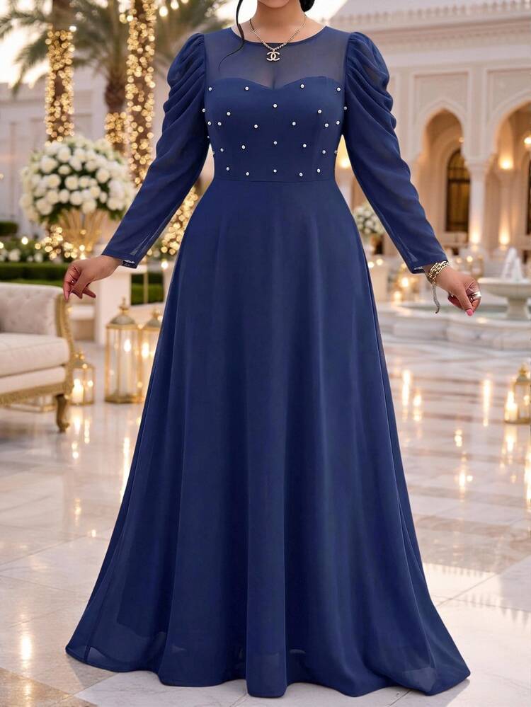 Fleurora Plus Size Women's Elegant Solid Color Round Neck Fitted Long Sleeve Dress - Navy Blue - View 1