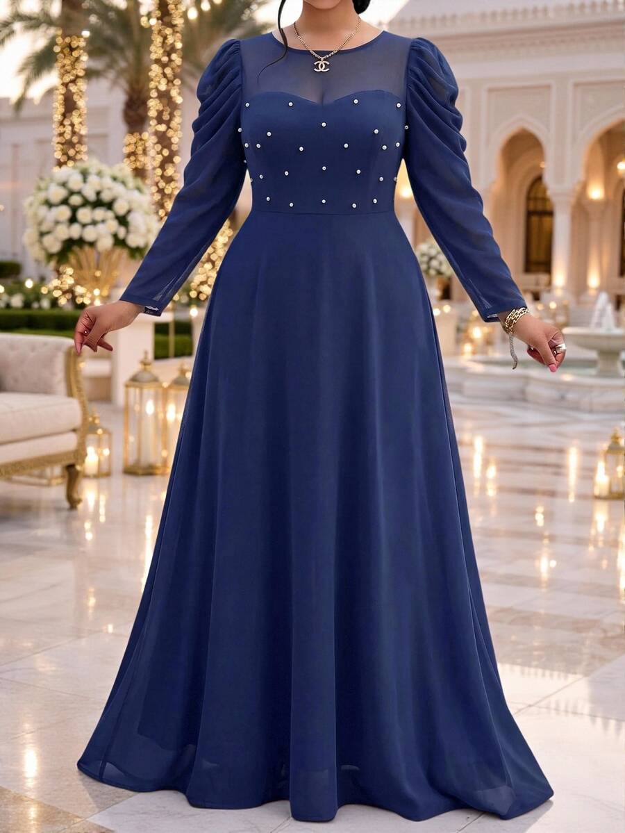 Fleurora Plus Size Women's Elegant Solid Color Round Neck Fitted Long Sleeve Dress - Navy Blue - View 1