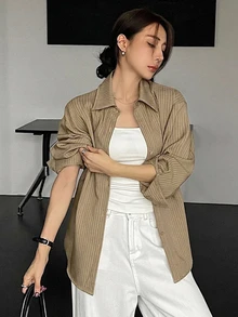 DAZY Blusa de hombros caídos con estampado de rayas, ropa de otoño con estilo universitario, top de manga larga - Caqui - Ver 6