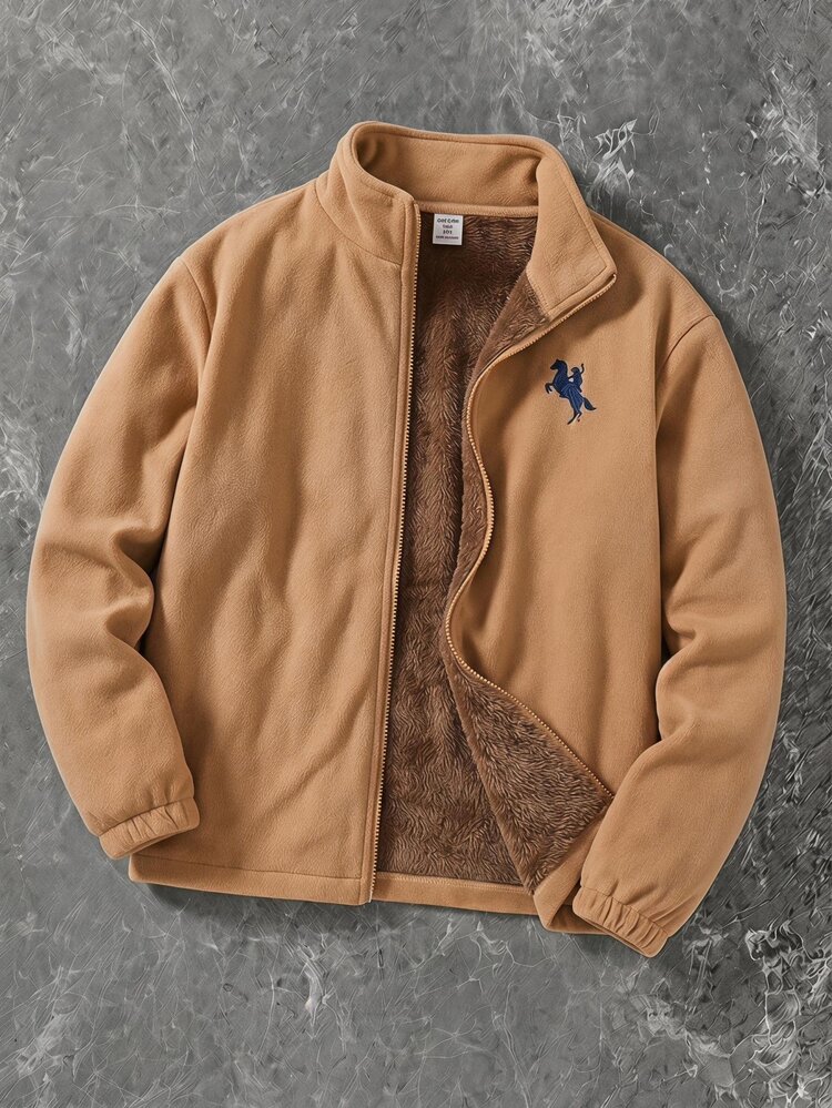 SHEIN Kids Tween Boy Cute Autumn/Winter Suede Thermal Lined Stand Collar Jacket, Khaki Color, Suitable For Indoor, Outdoor, Daily, Sports, Play, Party, Photography, Vacation, Holiday, Rave - Khaki - View 4