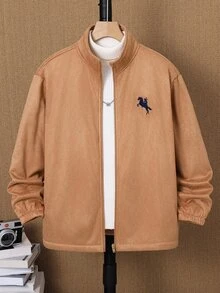 SHEIN 兒童青少年男孩可愛秋冬麂皮保暖內裡立領夾克，卡其色，適合室內、戶外、日常、運動、玩耍、派對、攝影、度假、假日、電音派對 - 卡其色 - 查看 3