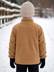 SHEIN 兒童青少年男孩可愛秋冬麂皮保暖內裡立領夾克，卡其色，適合室內、戶外、日常、運動、玩耍、派對、攝影、度假、假日、電音派對 - 卡其色 - 查看 2