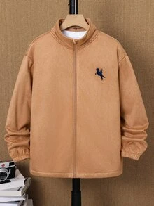 SHEIN 兒童青少年男孩可愛秋冬麂皮保暖內裡立領夾克，卡其色，適合室內、戶外、日常、運動、玩耍、派對、攝影、度假、假日、電音派對 - 卡其色 - 查看 6