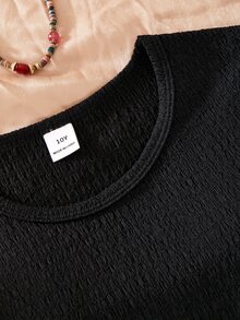 SHEIN 青少年女孩 2件組黑色針織紋理圓領荷葉袖上衣＋印花直筒長褲 米色夏季度假家庭套裝休閒穿搭 - 黑色 - 查看 6