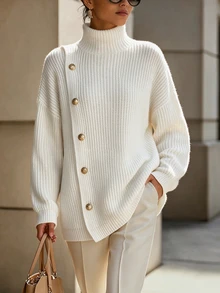 SHEIN Turtleneck Knit Sweater, Asymmetric Button Sweater, Drop Shoulder Knit Top, Loose Fit Knitted Jumper - White - View 4