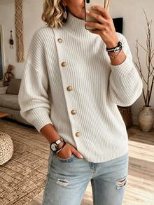 SHEIN Turtleneck Knit Sweater, Asymmetric Button Sweater, Drop Shoulder Knit Top, Loose Fit Knitted Jumper - White - View 1