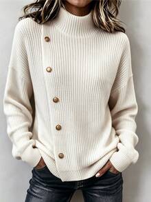 SHEIN Turtleneck Knit Sweater, Asymmetric Button Sweater, Drop Shoulder Knit Top, Loose Fit Knitted Jumper - White - View 8
