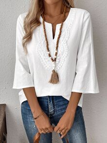 EMERY ROSE Fall Women Clothes Women's Solid Color V-Neck Long Sleeve Simple Casual Blouse, Three Quarter Sleeve Tops - White - View 4